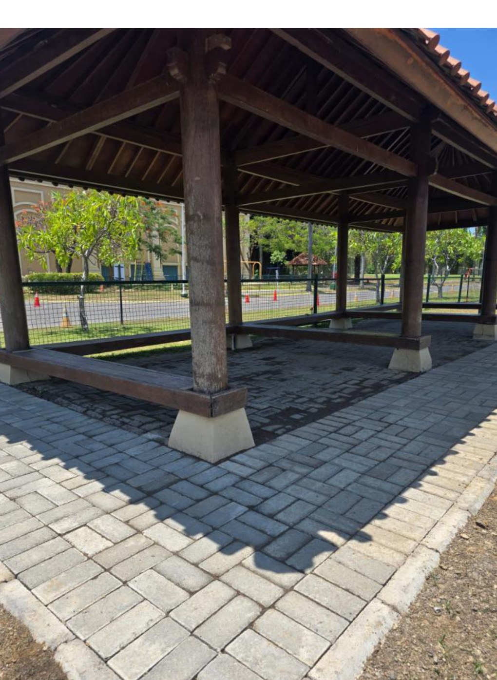 Target installation site for upcycled brick paving — gazebo near Pakuwon soccer field